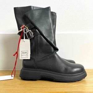 NEW! ZARA SRPLS! Never Worn! Black Leather Fold-Over Buckle Combat Boot Size 2.5